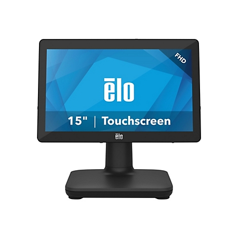 Ein schwarzer Touchscreen-Monitor mit der Aufschrift "ēlo 15" | Touchscreen". Der Bildschirm ist blau und die Ecke zeigt "FHD".