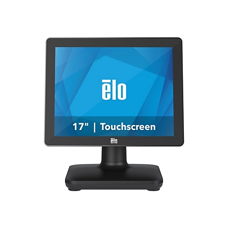 Elo Touchscreen-Monitor, schwarz. Auf dem Bildschirm blaues Design mit Logo und Aufschrift 17" | Touchscreen.