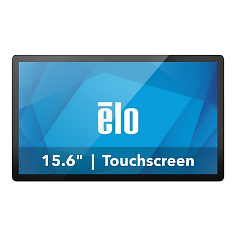 Schwarzer 15,6-Zoll Elo Touchscreen Monitor vor blauem Hintergrund mit Logo.