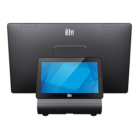 Elo Kassensystem mit Touchscreen und Kundendisplay vor neutralem Hintergrund.