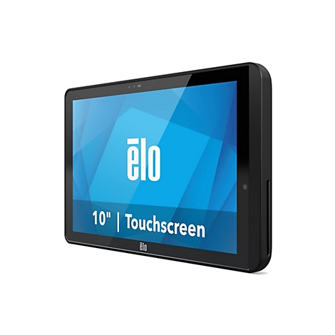 Une tablette tactile noire en angle sur fond blanc. L'écran affiche le logo et le texte "10" | Touchscreen".