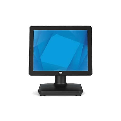 Ein schwarzer Touchscreen-Monitor mit blauem Bildschirm, der auf einem Sockel steht. Das Elo-Logo befindet sich am unteren Bildschirmrand.