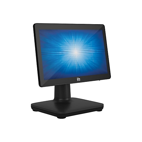 Moniteur à écran tactile noir avec support. L'écran affiche un motif bleu et porte le logo "elo".