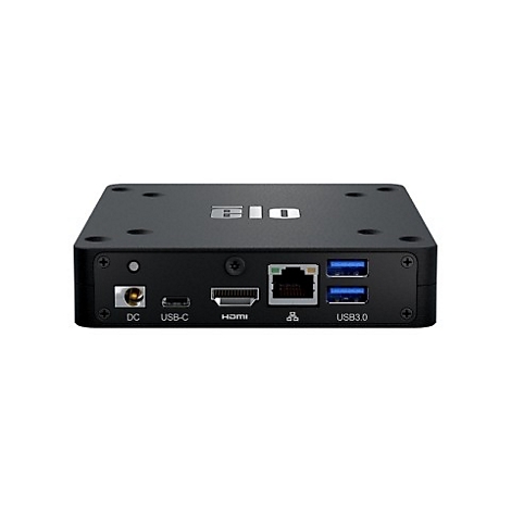 Schwarzer, rechteckiger Mini-PC mit Anschlüssen für Strom, USB-C, HDMI, Ethernet und USB 3.0. Der Name "ELO" ist aufgedruckt.