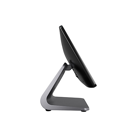 Un écran tactile noir, vue latérale, sur un socle gris argent.