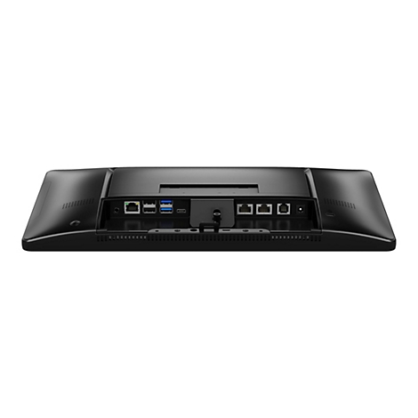 Arrière d'un écran noir avec des ports, notamment Ethernet, USB et alimentation.