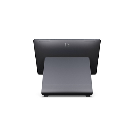 Vue arrière d'un écran tactile gris avec support. Le logo 'elo' est visible en haut au centre.
