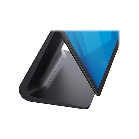 Gros plan d'un support noir incurvé supportant un écran avec un motif géométrique bleu.