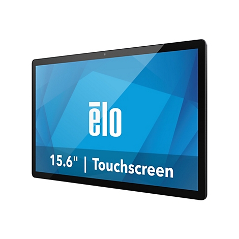 Écran tactile encadré en noir avec le logo 'elo' et le texte '15.6'' | Touchscreen'. Arrière-plan : Bleu avec motif géométrique.