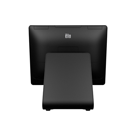 Un écran tactile Elo noir vu de dos, sur un support, sur fond blanc. Logo Elo au milieu.