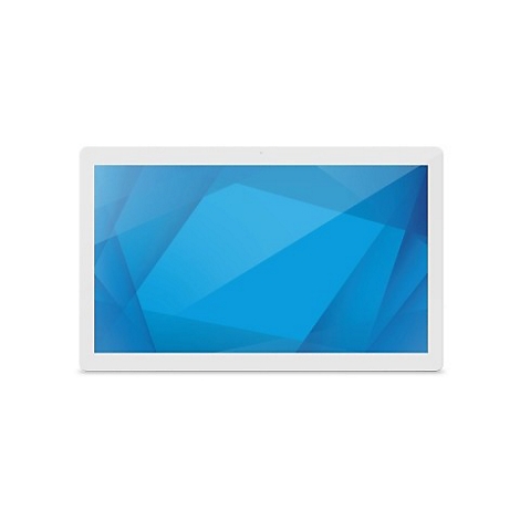 Ein weißes Tablet mit blau-abstrakter Anzeige vor weißem Hintergrund.