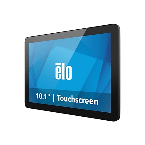 Une tablette noire avec le logo "elo" sur un écran bleu. En dessous, on peut lire "10.1" | Touchscreen".