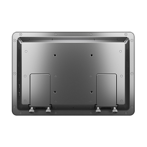 Arrière d'un moniteur argenté, avec un cadre rectangulaire et des vis. Deux zones métalliques pour les connexions.