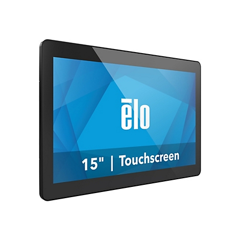 Un écran tactile noir avec le logo "élo" et le texte "15" | Touchscreen" sur un fond bleu.