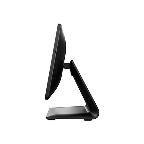 Moniteur noir de profil, avec pied. Sur fond blanc.