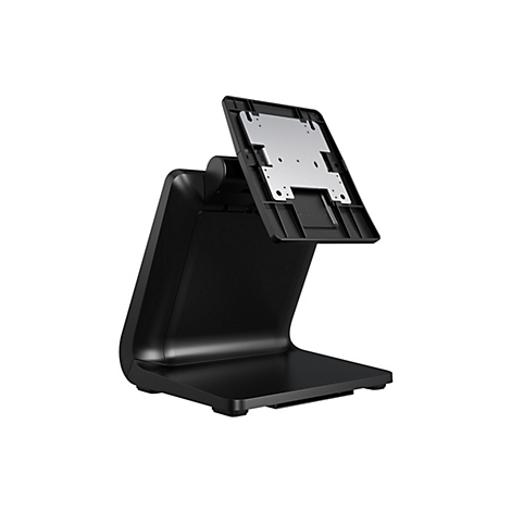 Support de tablette noir sur fond blanc. Le support est en plastique et en métal.