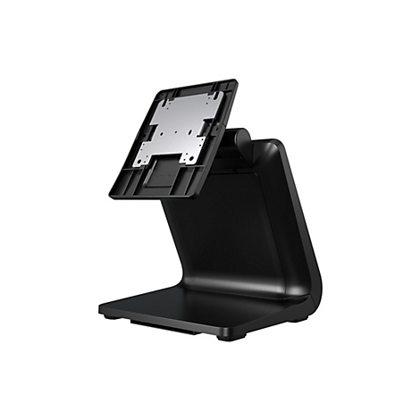 Support de tablette noir, présenté de biais depuis l'avant. Le support est composé d'une base, d'un support incurvé et d'un support supérieur avec une plaque de montage argentée.