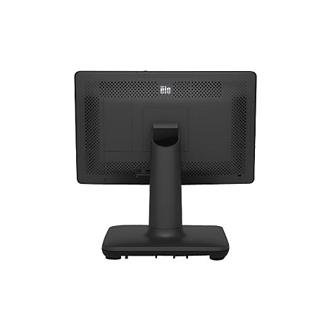 Rückansicht eines schwarzen Monitors mit Standfuß. Oben links ist das Elo-Logo zu sehen.