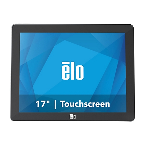 Schwarzes 17-Zoll-Touchscreen-Display mit blauem Hintergrund und dem Logo „ēlo“.