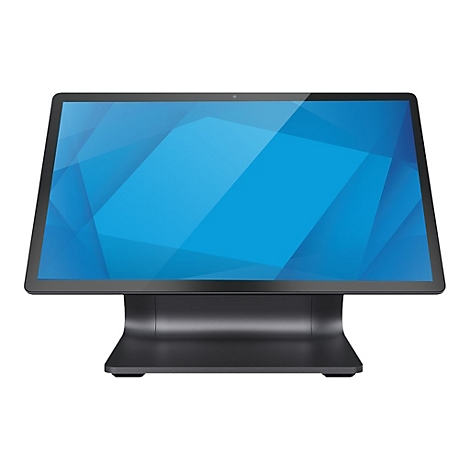 Schwarzer Touchscreen-Monitor mit blauem Muster auf dem Bildschirm und schwarzem Sockel. Die Form ist rechteckig.