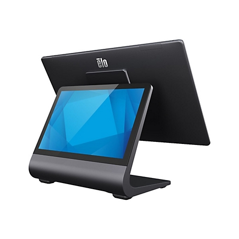 Ein schwarzes Kassensystem mit Touchscreen, Logo 'elo' oben rechts. Der Bildschirm zeigt ein blaues abstraktes Muster.
