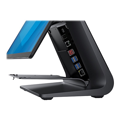 Schwarzes Kassensystem, offene Rückseite mit Anschlüssen, Touchscreen, helle Umgebung.
