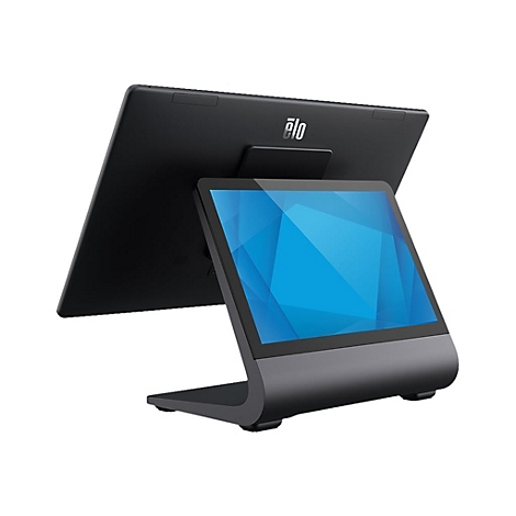 Ein schwarzer Touchscreen-Monitor mit blauem Bildschirm, der auf einer grauen Basis steht, vor weißem Hintergrund. Das Logo "elo" ist sichtbar.