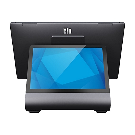 Ein schwarzer Touchscreen-Monitor mit einem blauen Bildschirm, vor einem größeren, dunklen Monitor, der mit „elo“ beschriftet ist.