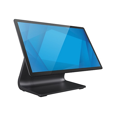 Ein schwarzes Touchscreen-Kassensystem mit blauem Bildschirm und modernem Design.