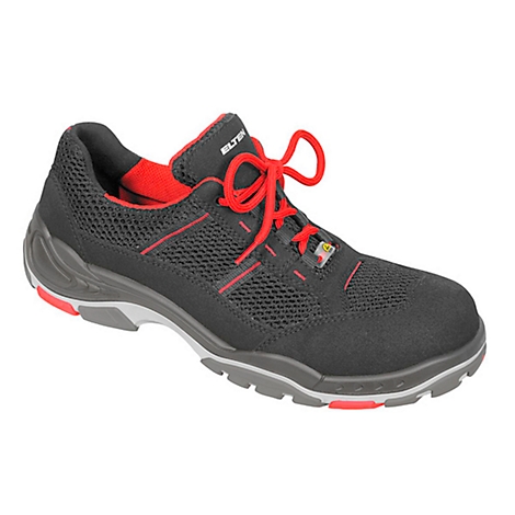 Black safety shoe with red laces and accents. Breathable mesh fabric, grey-red sole. ELTEN lettering.