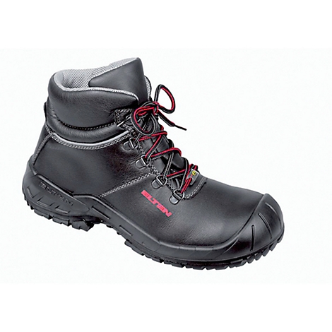 Black safety boot with red laces. Printed "ELTEN" lettering.