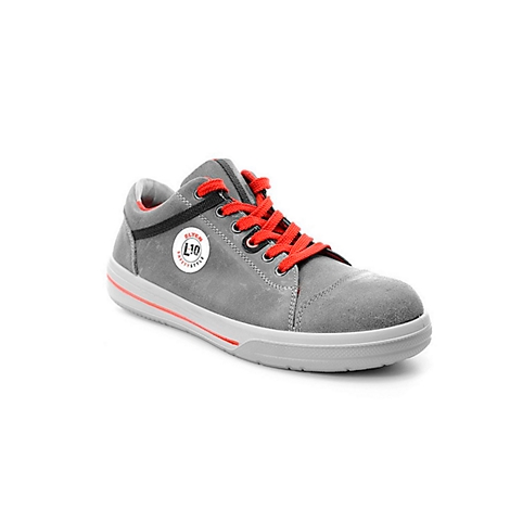 Grey safety shoe with red laces and a white label with text.