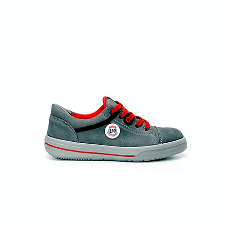 Grey safety shoe with red laces and red inside. There is a label on the shoe that says "L30".