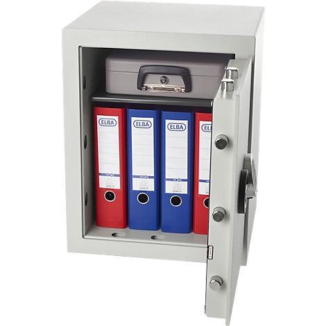 Open safe with file folders and a gray box.