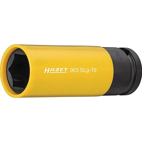 Douille HAZET jaune avec raccord hexagonal noir. Inscription : HAZET 903 SLg-19.