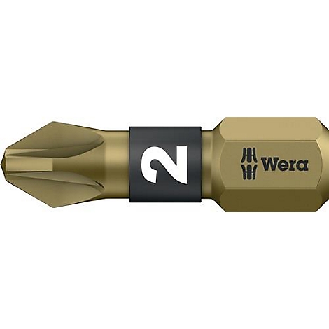Un embout de tournevis doré avec un anneau noir et le chiffre 2. Inscription Wera.