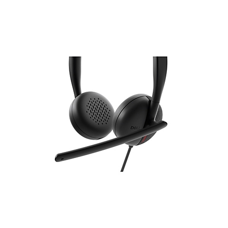 Schwarzes Dell-Headset mit Mikrofon auf weißem Hintergrund. Der Kopfhörer hat ein Mikrofon und das Dell-Logo ist sichtbar.