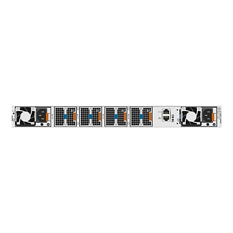 Rückseite eines Netzwerk-Switches mit Stromanschlüssen, Lüftern und einem Ethernet-Port vor weißem Hintergrund.