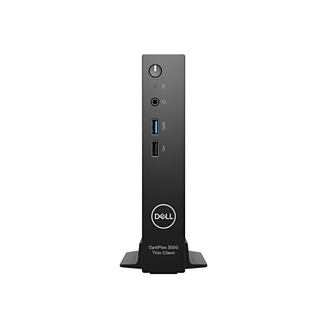 Ein schwarzer Dell OptiPlex 3000 Thin Client Computer aufrecht vor weißem Hintergrund. Oberhalb: Power-Taste, USB-Anschlüsse und Audio-Anschlüsse. Unten Dell-Logo.