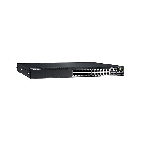 Schwarzer Netzwerk-Switch mit zahlreichen RJ45-Anschlüssen vor weißem Hintergrund.