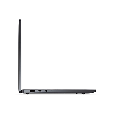 Seitenansicht eines geschlossenen, grauen Laptops mit sichtbaren Anschlüssen auf einem weißen Hintergrund.