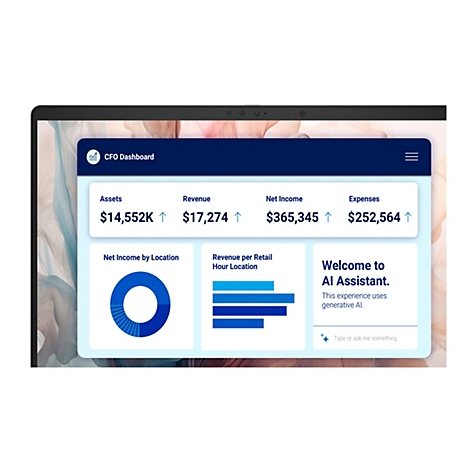 Laptop-Bildschirm zeigt ein CFO-Dashboard mit Finanzdaten, Grafiken und einem KI-Assistenten-Eingabefeld.