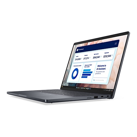 Dunkelgrauer Laptop zeigt ein CFO-Dashboard mit Finanzdaten und einem KI-Assistenten auf dem Bildschirm.