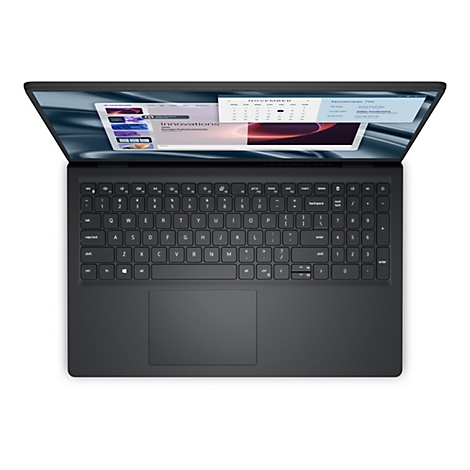 Draufsicht auf einen schwarzen Laptop, der geöffnet ist und einen Bildschirm mit Anwendungen und einem Kalender zeigt. Die Tastatur ist ebenfalls sichtbar.