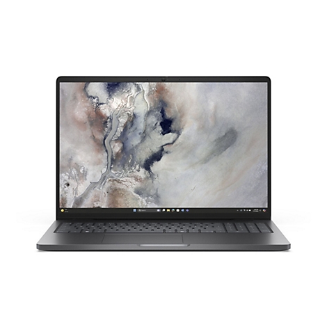 Modernes schwarzes Laptop von vorne, zeigt einen abstrakten Desktop-Hintergrund und eine Taskleiste.