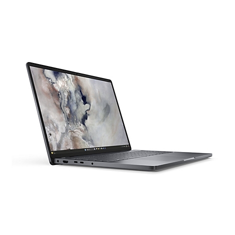 Dunkelgrauer Laptop in Seitenansicht auf weißem Hintergrund mit abstraktem Hintergrundbild auf dem Bildschirm.