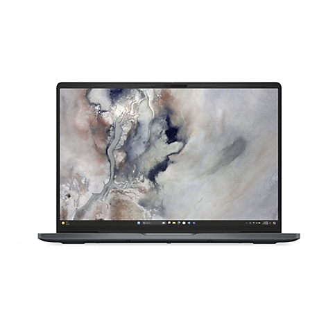 Dunkelgrauer Laptop von vorne mit abstraktem, landschaftlichem Hintergrundbild auf dem Windows-Desktop.