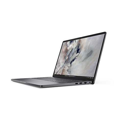 Ein elegantes, dunkelgraues Laptop in Seitenansicht vor weißem Hintergrund mit abstraktem Desktop-Hintergrundbild.