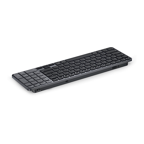 Schwarze flache Dell Tastatur im Winkel von links vor weißem Hintergrund.