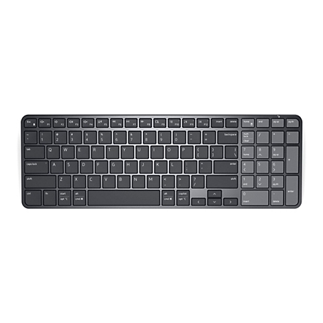 Dunkelgraue Wireless-Tastatur mit Ziffernblock und spezieller Copilot-Taste vor weißem Hintergrund.